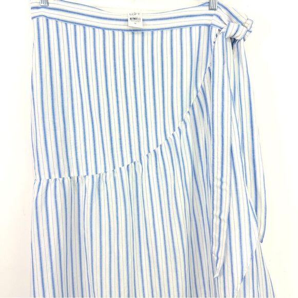 LOFT Cream Light Blue Vertical Stripe Linen Side Tie Front Wrap Skirt NEW - Picture 2 of 14